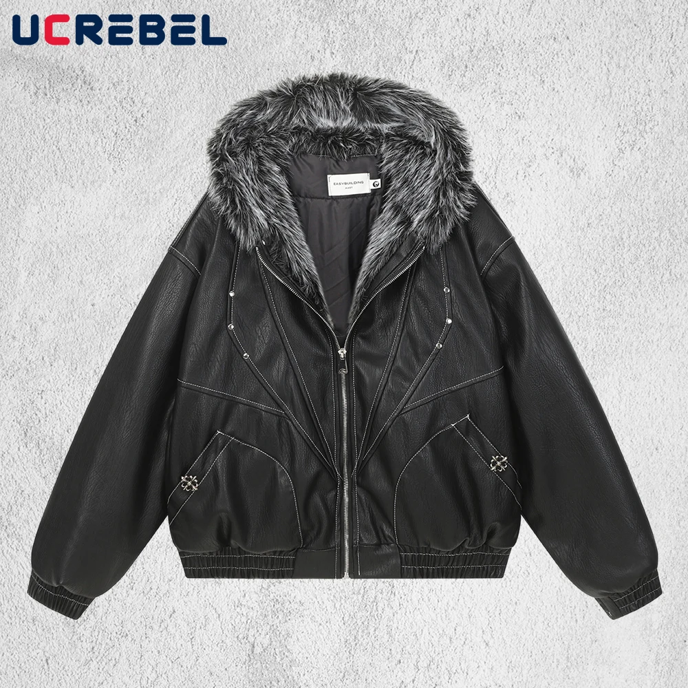 Rivets Spliced PU Leather Quilted Jacket Mens Winter Casual Long Sleeve Fur Collar Hooded Outerwear Man