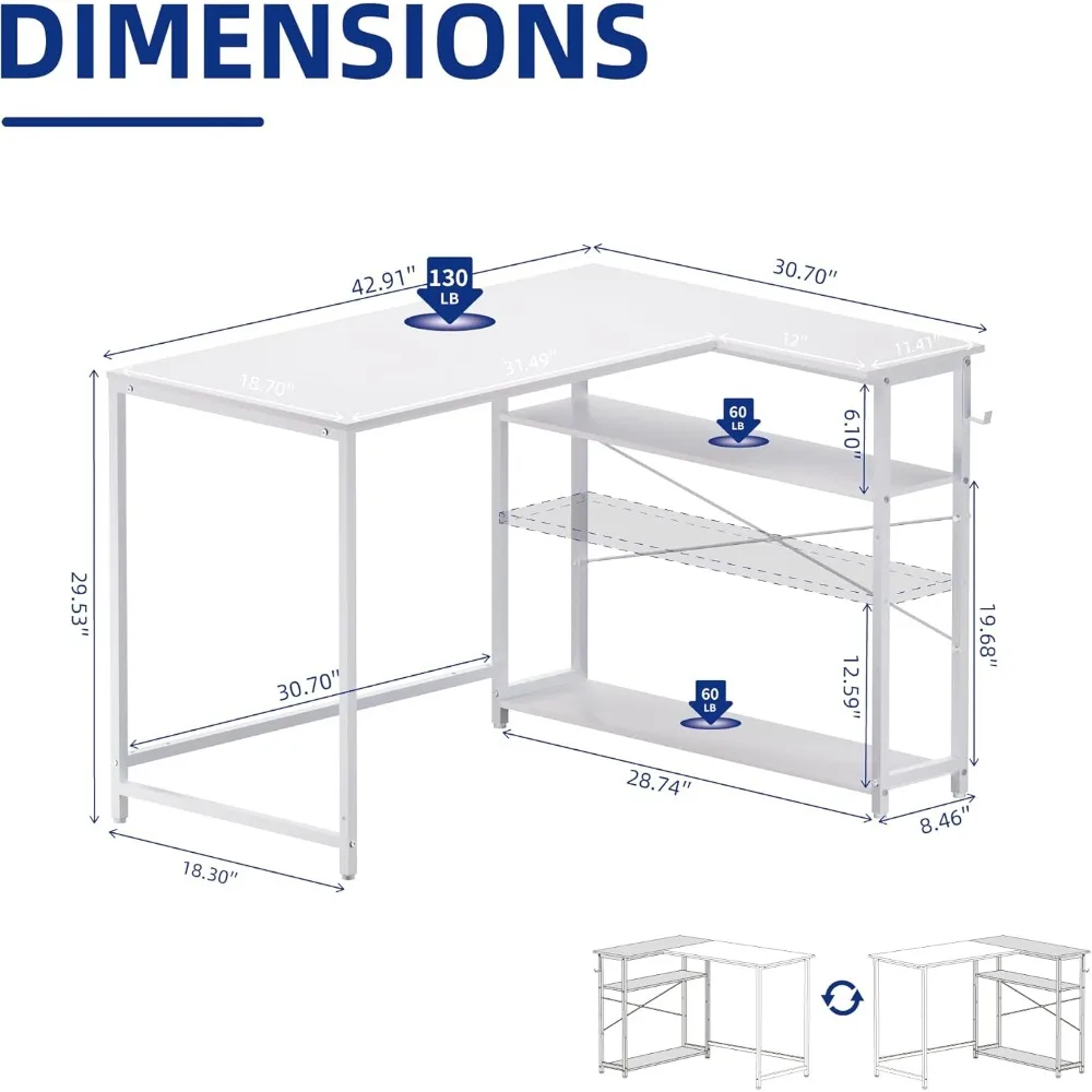 L-Shaped 43 Inch Computer Desk with Reversible Side Storage, Corner Desk for Small Spaces, Home Office Writing Desk