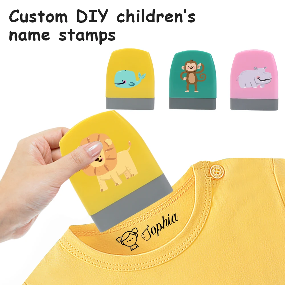 1pc Personalize Custom Name Stamp Whales Monkeys Hippos Lions Pattern Custom Ink Stamp for Teacher Signature Student Cloths Name