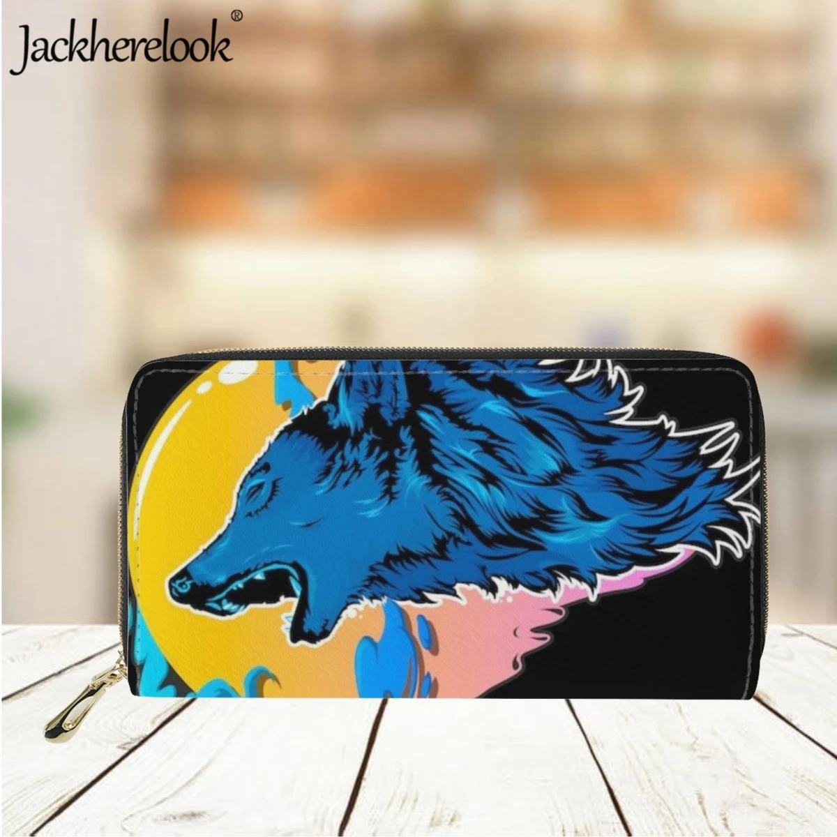 Jackherelook Wild Wolf Pattern Print Ladies Long Wallet Luxury Leather Business Bank Card Holder Purse Fashion Classic Money Bag