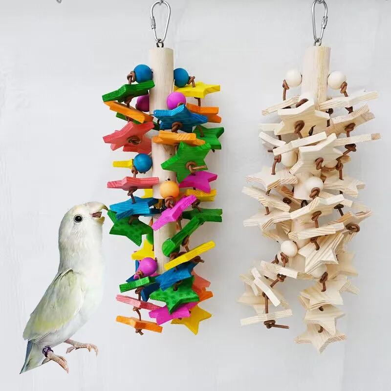 

Parrot bird toys, five-pointed star gnawing skewers, wooden leather rope grinding teeth to relieve boredom