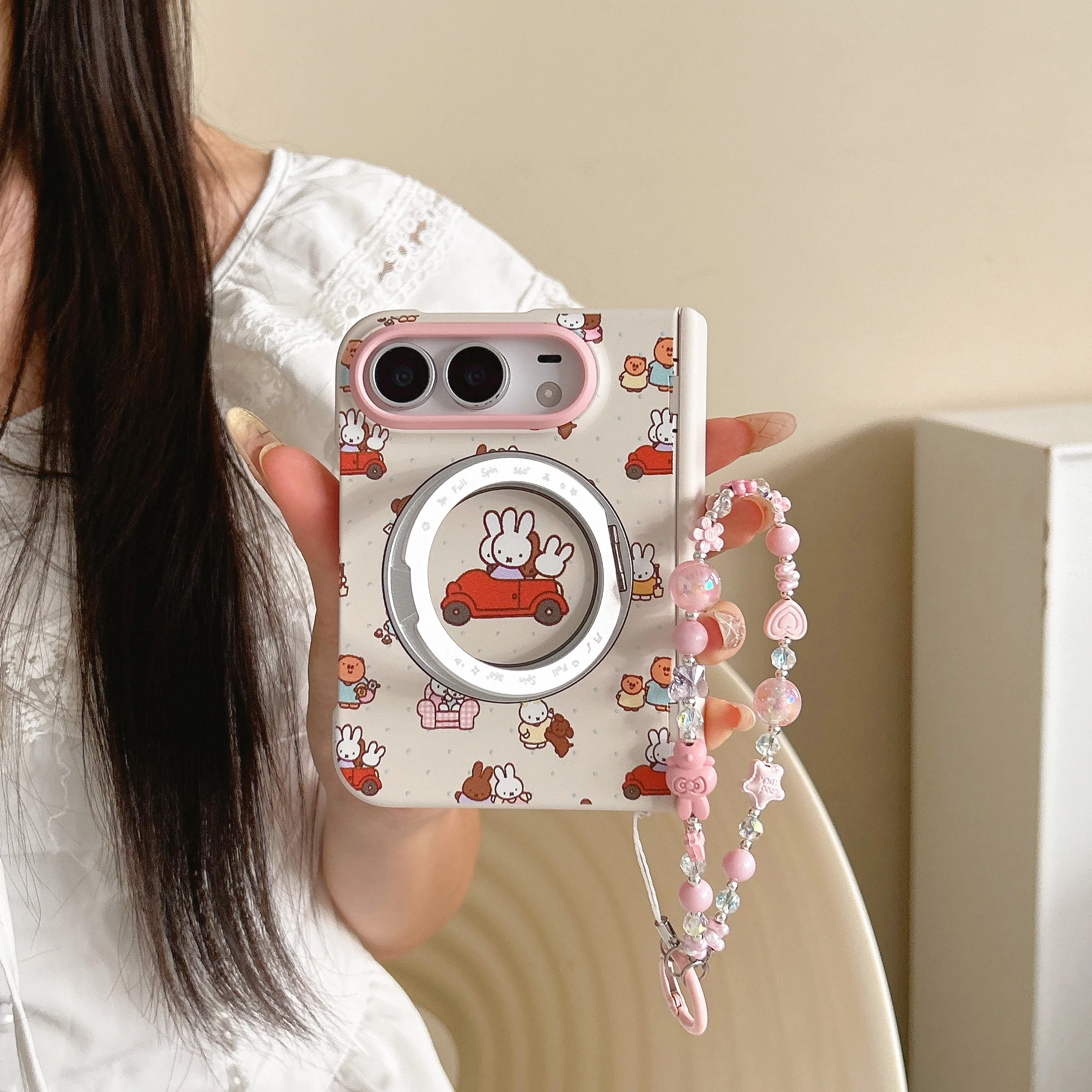 Korean INS Cute miffy Pattern Folding Phone Case For iPhone Duo With 360° Magnetic Stand Kawaii Shockproof cases For Magsafe