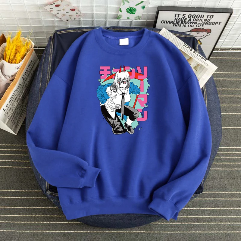 Japanese Cartoon Chainsaw Man Power Prints Sweatshirts Fleece Autumn Clothing Thick Winter Men Hoody Oversized Loose Male Hooded