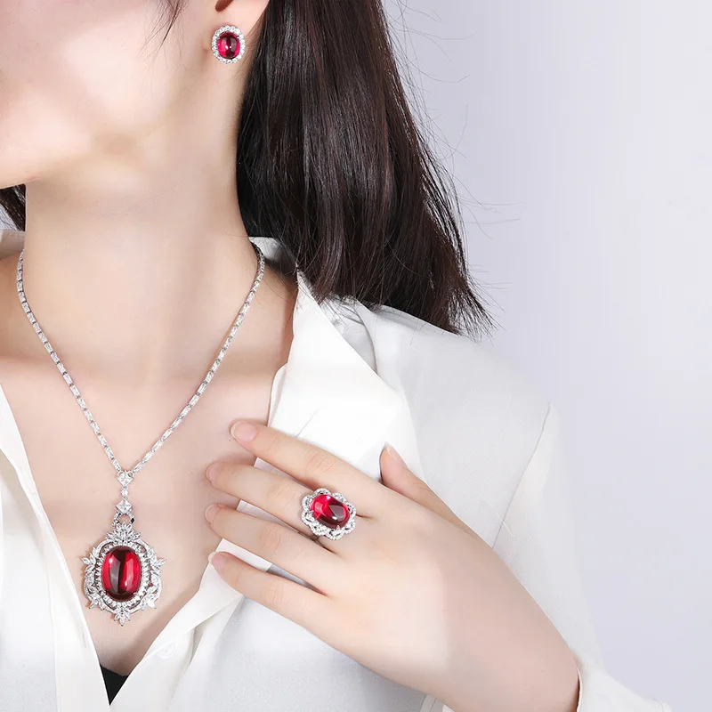 Jewelry Gold-Plated Internet Celebrity Retro Dan Shape Red Corundum Plain Full Diamond Inlaid Set Main Stone