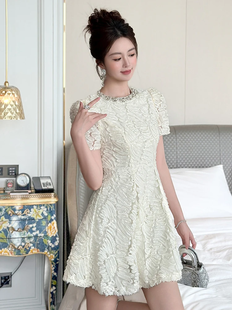 Women Clothes Evening White Lace Sequin Pearl O-Neck Slim A-Line Mini Short Dress Elegant Luxury Lady Fashion Party Prom Vestido