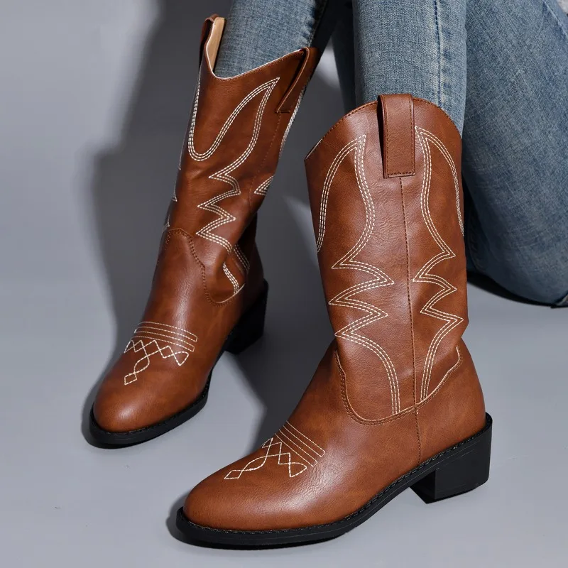 Women\'s Western Boots 2023 Autumn Winter Fashion Chunky Heeled Cowboy Boots Vintage Style Country Western Cowboy Girl Pink Boots