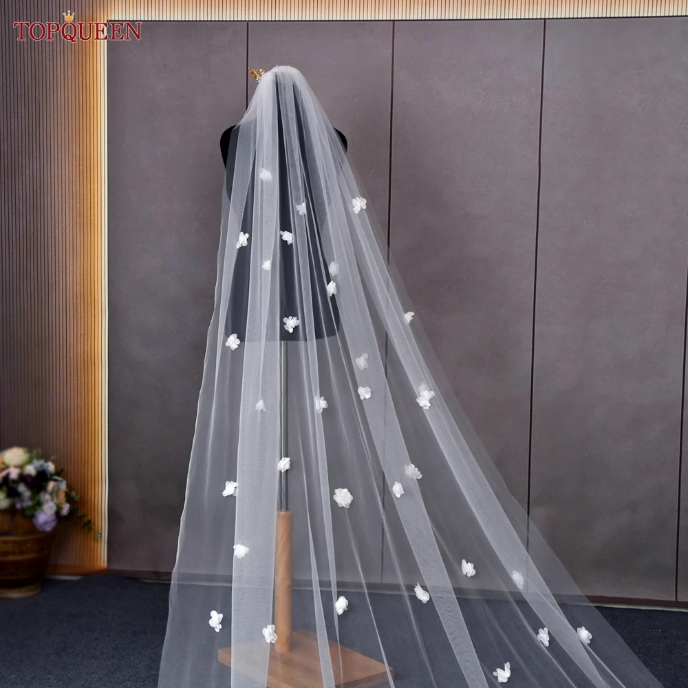 TOPQUEEN V93 Wedding Veil with 3d Flowers Cathedral Mantilla High Quality Bridal Veil Flowers Bridal Veil Soft Tulle Veil