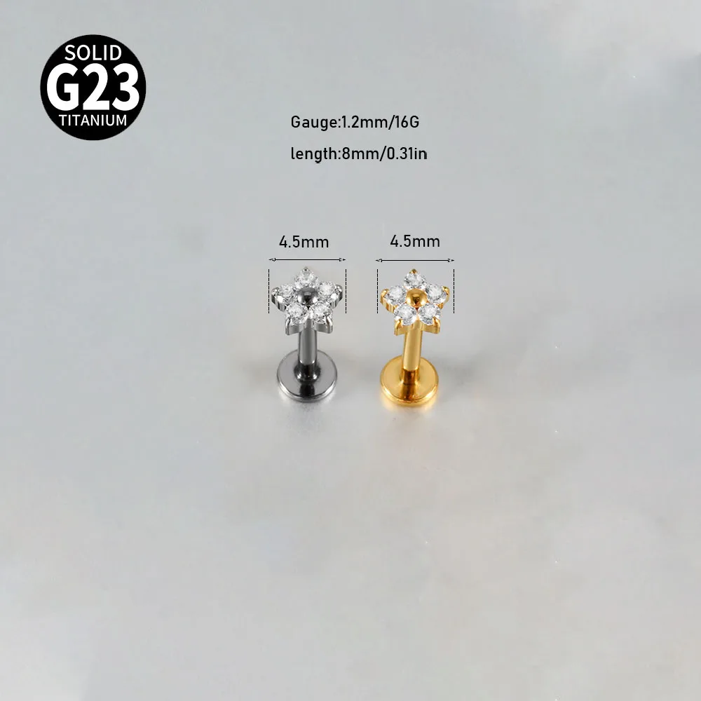 G23 Titanium Flower Clear Zircon Lip Stud Earring