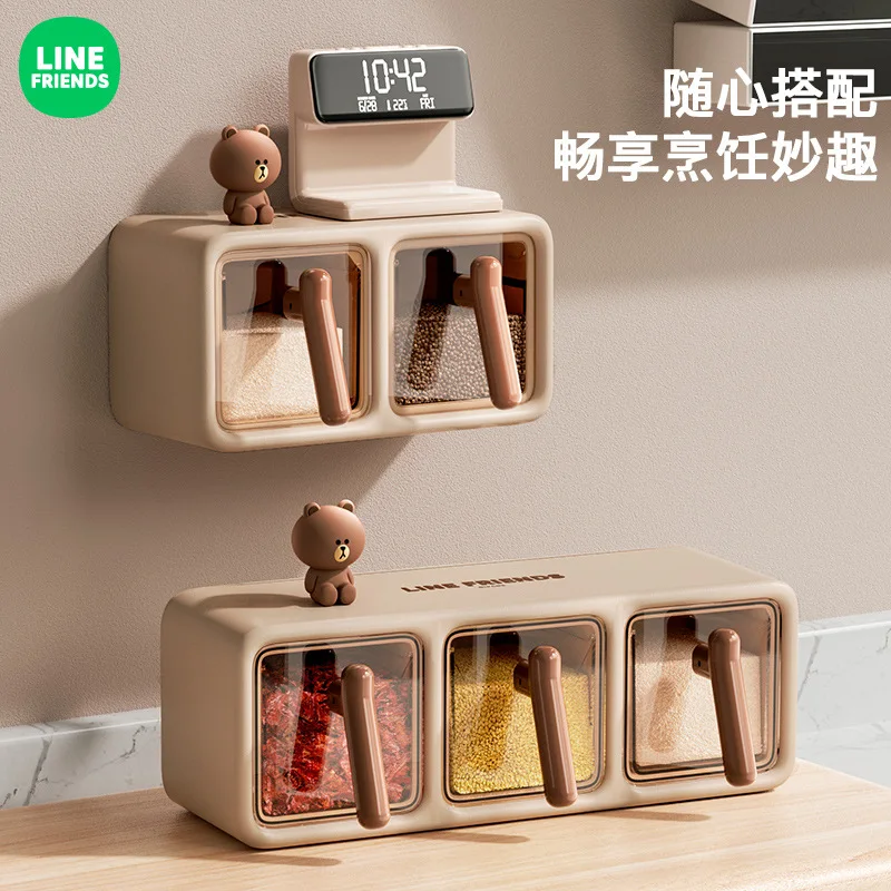 Line Friends Brown Anime Kawaii Home Kitchen Wall Hanging Seasoning Jar Flavor Salt Cartoon Storage Seasoning Spices Sealed Box