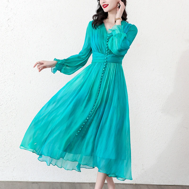 2023 Spring/Summer New French Hepburn Style Blue Long sleeved Dress V-Neck Mesh Spliced Waist Slim Over Knee Long Dress