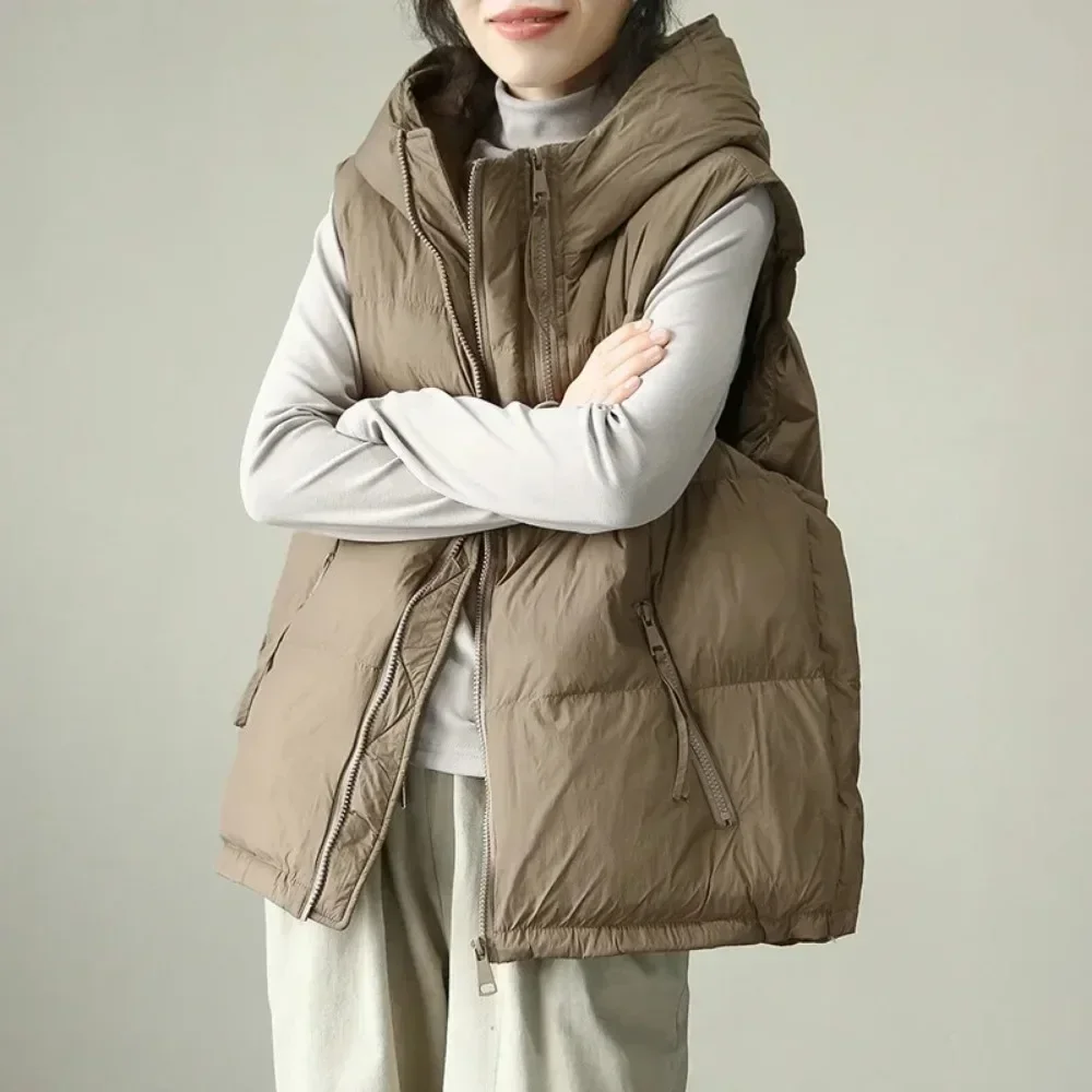 Fashionable Gilet Female Hood Warm Over Size Casual Sleeveless Jacket 2024 Autumn Winter New Women White Duck Down Vest