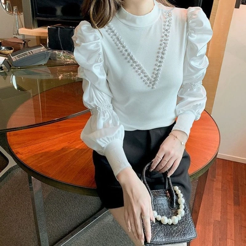 

Женская шифоновая блузка во французском стиле с пышными рукавами, украшенная бисером, облегающий топ, осенняя новая мода, элегантный дизайн