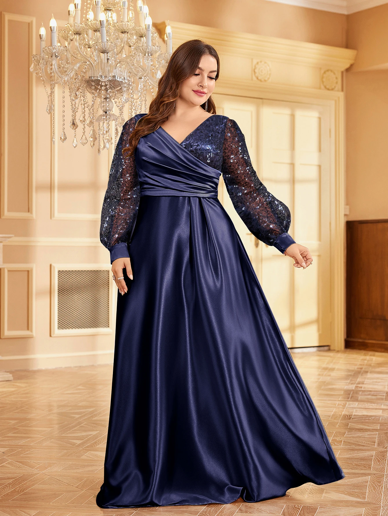 XUIBOL Luxurious Sequin Satin Evening Gown, Party Long Sleeve Plus Size V-neck Dress