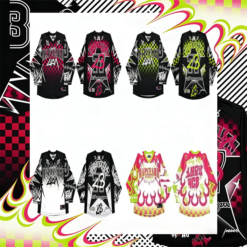 

Y2K Fashion Harajuku Jersey Graffiti Letter Flame Star Pattern Oversized Long Sleeve Jersey Men Women Hip Hop Casual Streetwear