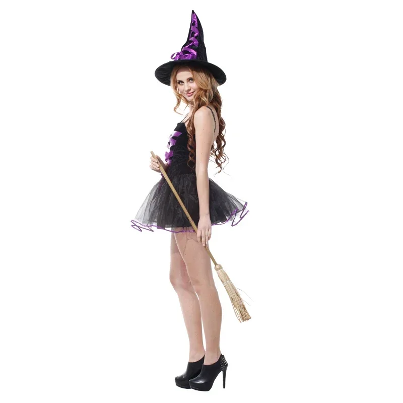 Adult Sexy Witch Costumes With Broom Hat for Women Fantasy Witch Dress Carnival Party Performance Dress Up