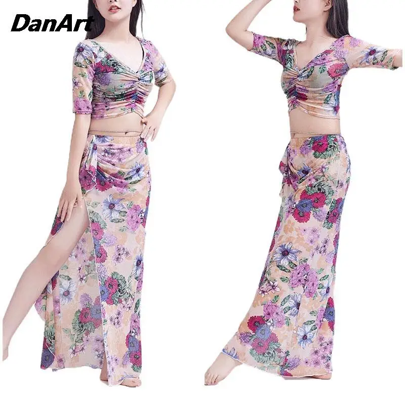 Nova moda dança do ventre impresso fragmentado flor terno de treinamento conjunto feminino/senhora tamanho grande magro dança oriental executa roupas