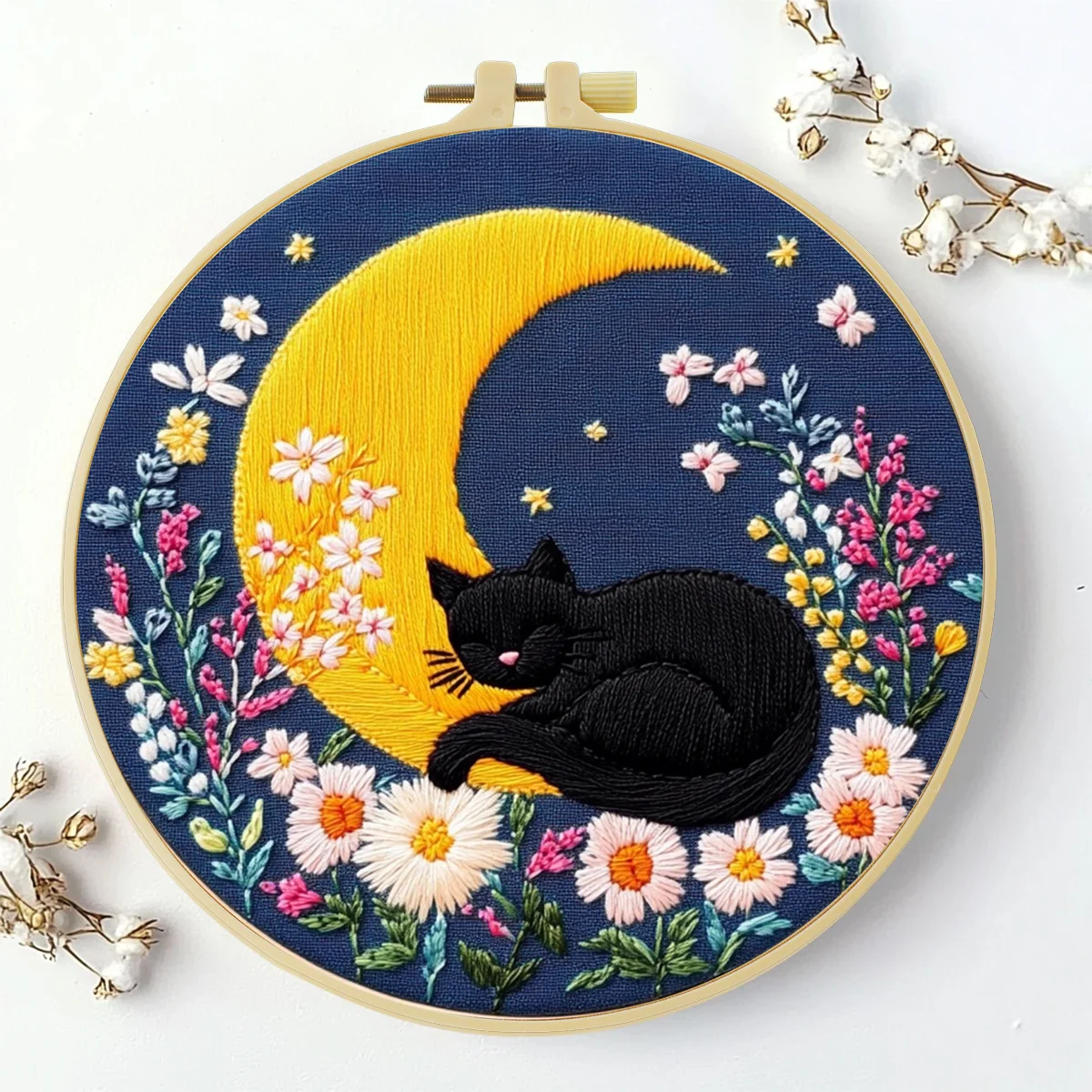 1 Stück 20X20CM/15X15CM 7,87/6,3 Zoll Der Mond und die schwarze Katze Stickerei-Starter-Kit DIY-Set Nadelkunst Heimdekoration – Detail 2