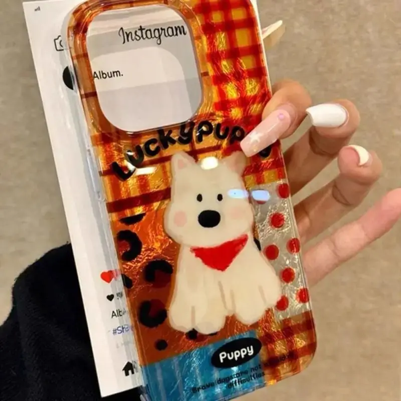 ins Cute Puppy Plaid Leopard Phone Case for Samsung Galaxy S25 S24 S23 S22 S21 FE Ultra Plus 4G 5G Feather Texture Back Cover