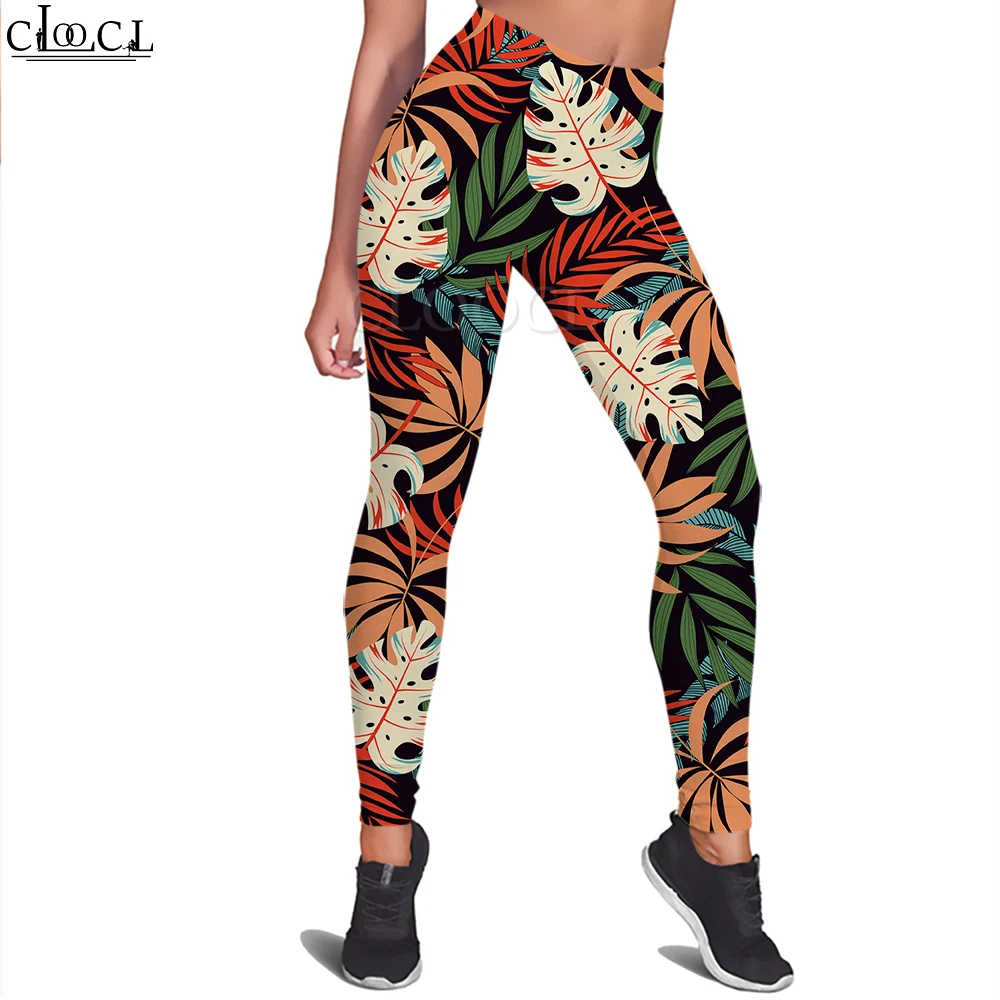 CLOOCL-Leggings con estampado de hojas tropicales para mujer, pantalones con estampado 3D para entrenamiento femenino, Push Up, trote, mallas ajustadas transpirables para gimnasio