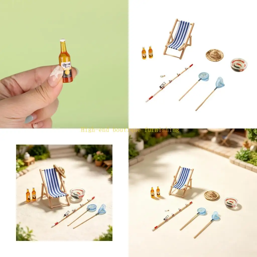 L9NB Dollhouses Fishing Chair and Accessories Set, 1:12 Scale Miniature Rod, Hand Net and Fish Tanks for Arranging Outdoor