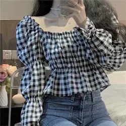New Loose Square Neck Waist Puff Sleeve Shirt Top