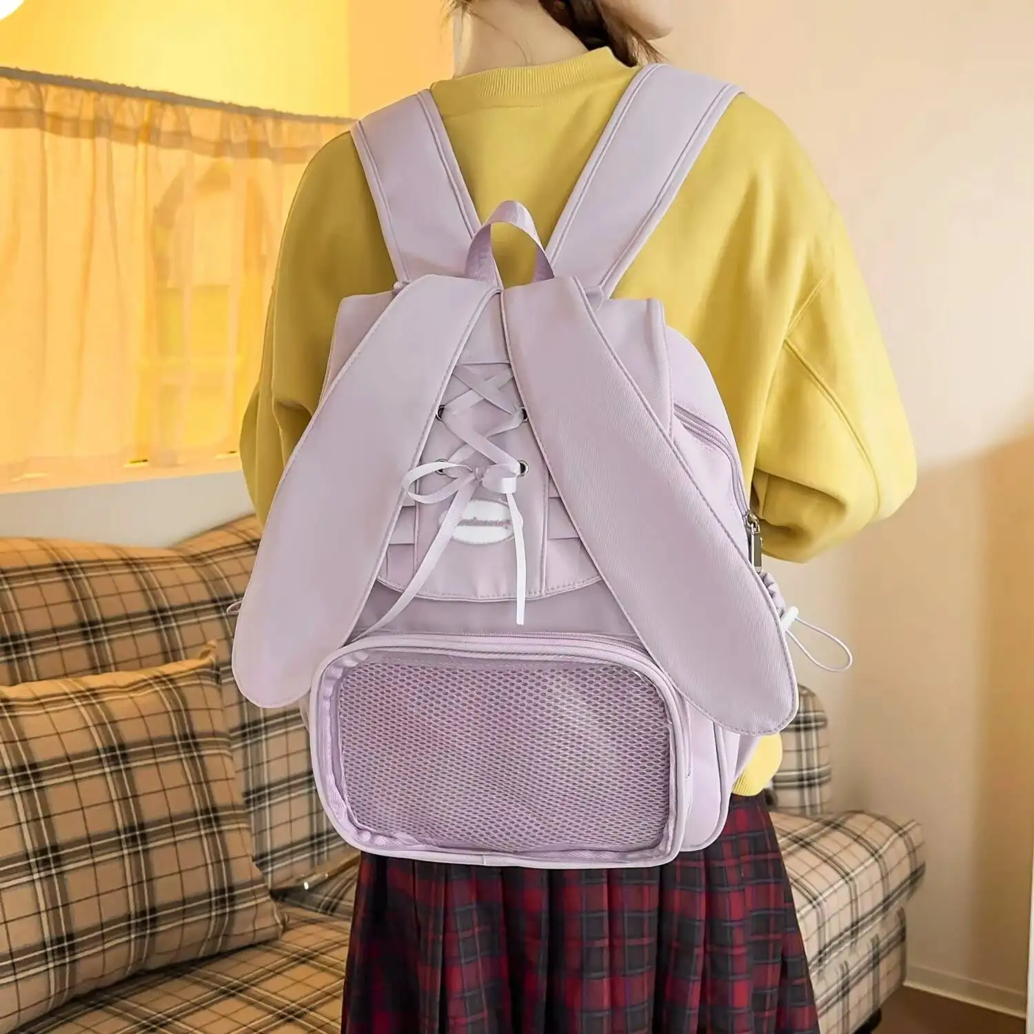 Y2k Cute Bow Rabbit Ear Ita Backpack Sweet Girl Transparent Knapsack Fashion Women's Large Capacity Student DIY Display Rucksack