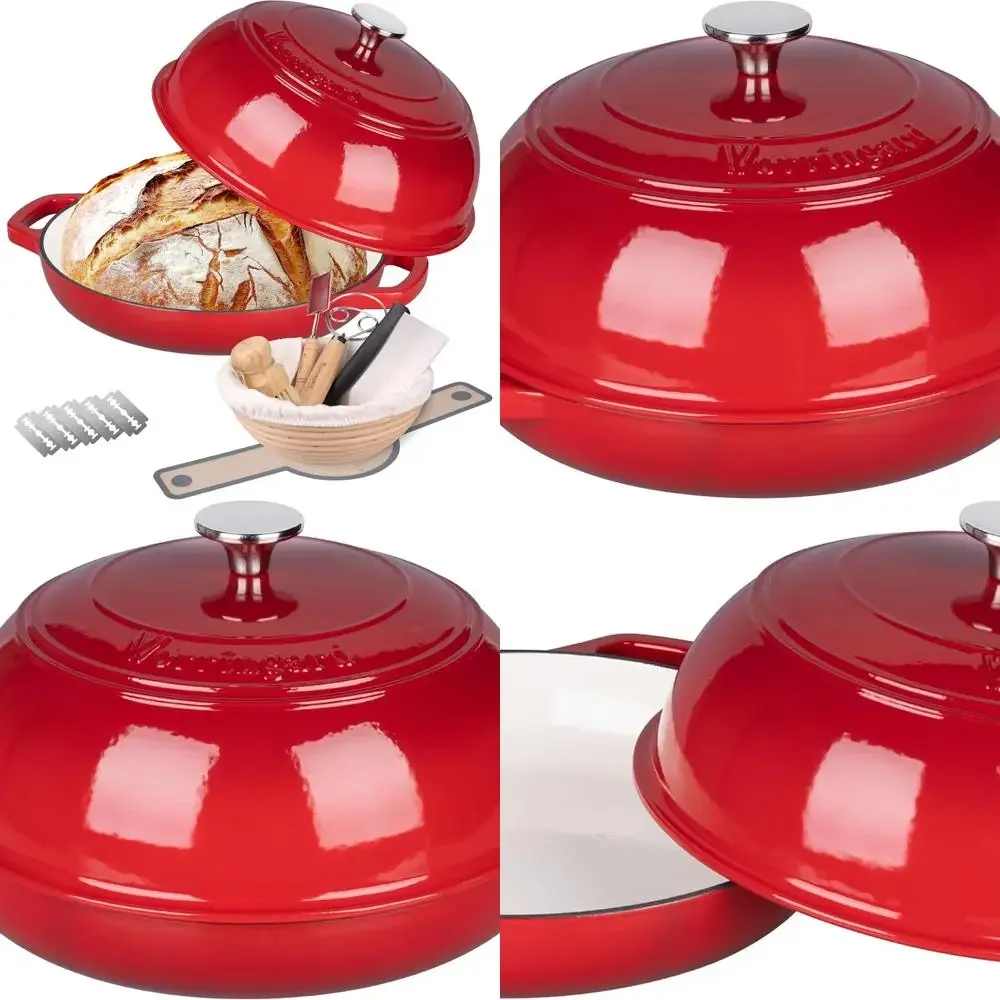 

Red 6-Quart Enamel Coated Cast Iron Dutch Oven with Lid, Perfect for Sourdough Bread and Proofing, Includes Baking Supplies Set