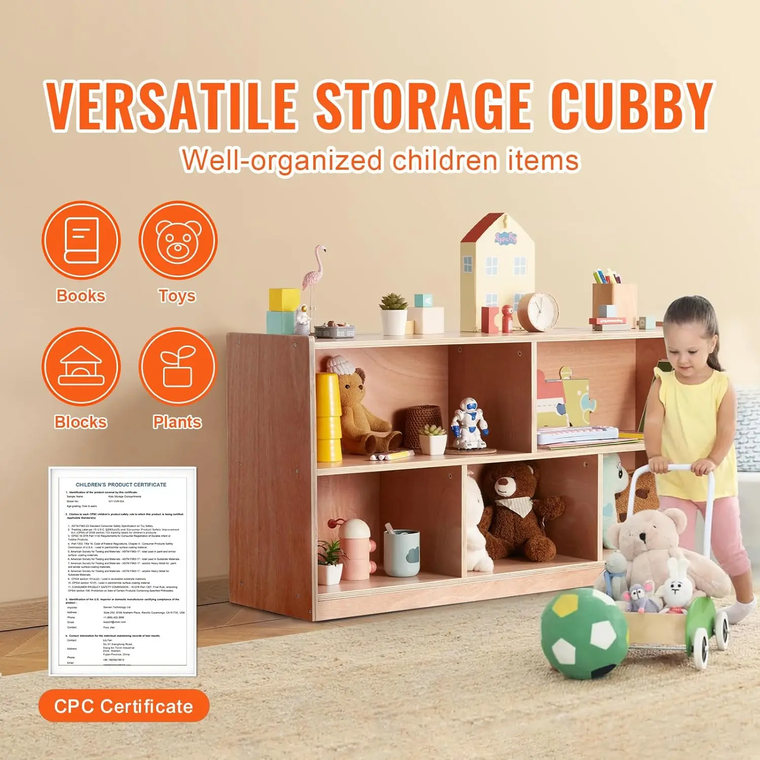 Cubby Toy Organizer opbergkast, 5 compartimenten Cubby opbergplank, 48''W kinderspeelgoed opbergkast 2 planken, klaslokaal Cubbie