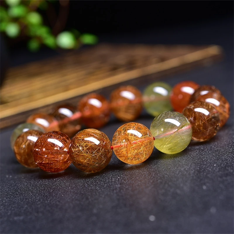 14MM Natural Colored Rutilated Quartz Bracelet Healing Crystal Beads Elastic Charm Bracelets for Women Energy Jewelry Gift