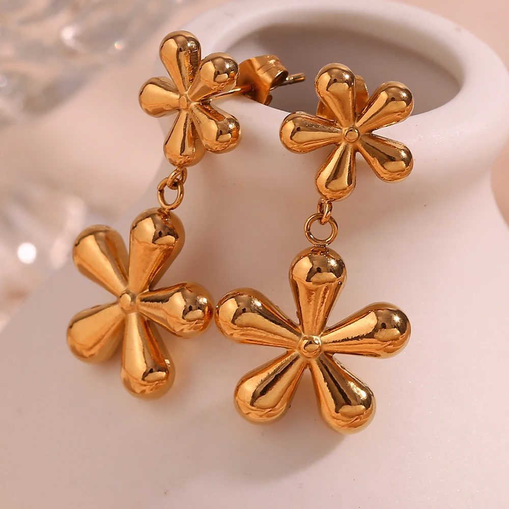 E.B.belle 18K Gold Plated Stainless Steel Cute Y2K Style Flower Drop Earrings For Woman Cute Girls Floral pendientes dorados