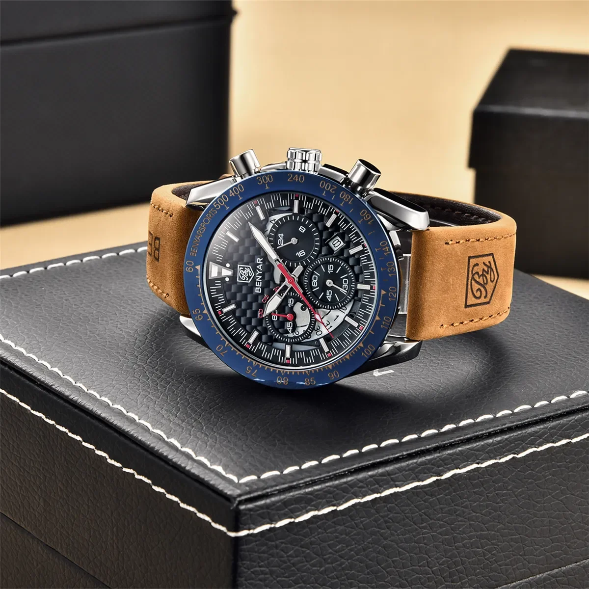 BENYAR Top Brand New Men Watches Leather Strap Luxury Waterproof Sport Quartz Chronograph Military Watch Men Clock Reloj Hombre