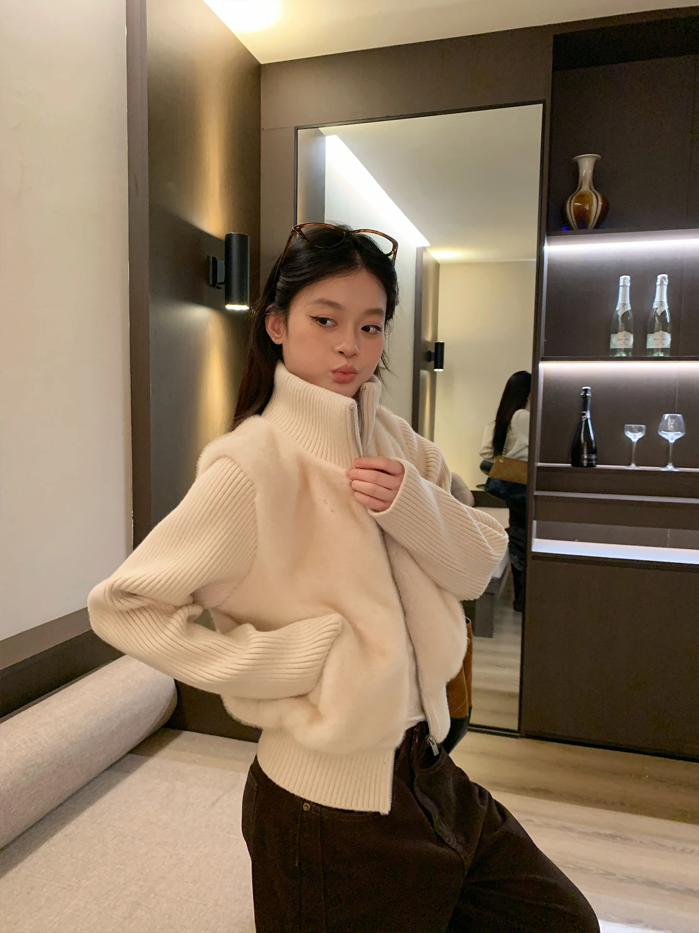 Two apricot-colored faux fur coats for women, short, fitted, loose high-neck knitted cardigan tops for winter