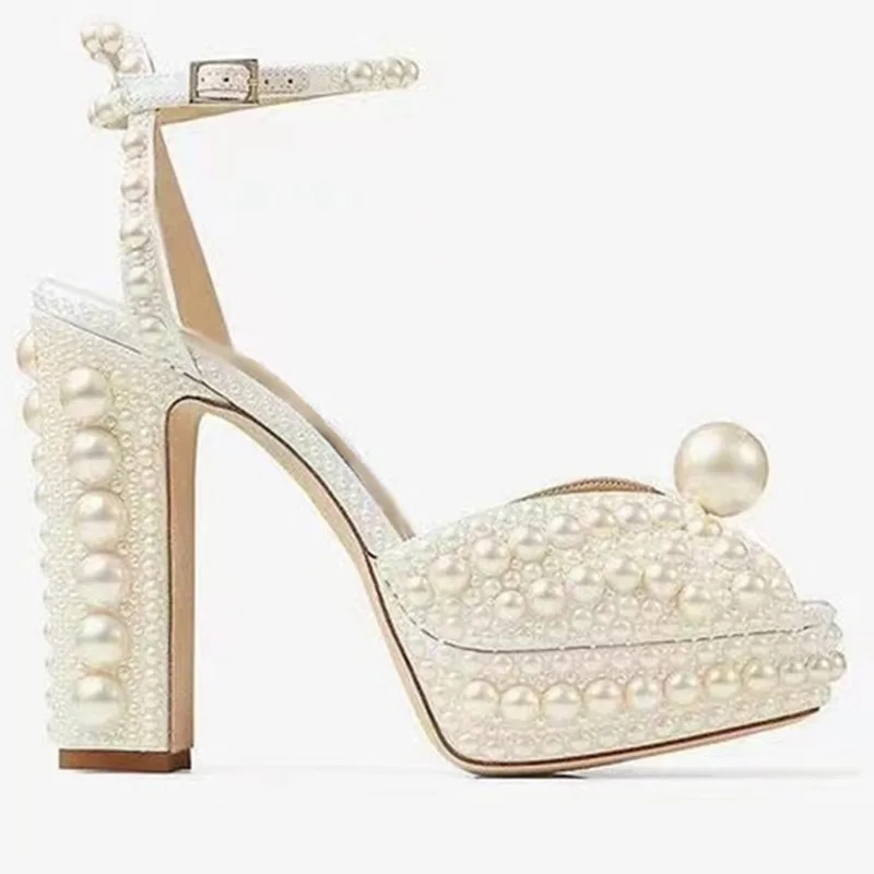 Handmade Beaded Thick Heel Peep Toe Girls Sandals High Heel Platform Women Shoes Wedding Dress Designer Luxury Brand Pearl Shoes