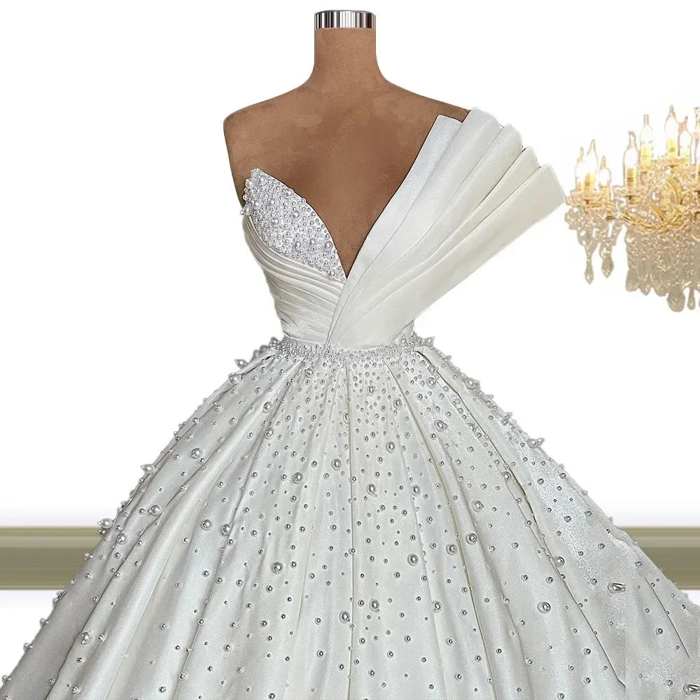 Modern Pearls Wedding Dress Luxury Ball Gown Sweetheart Satin Sweep Train Birde Bridal Gowns Arabic Dubai Vestidos De Novia
