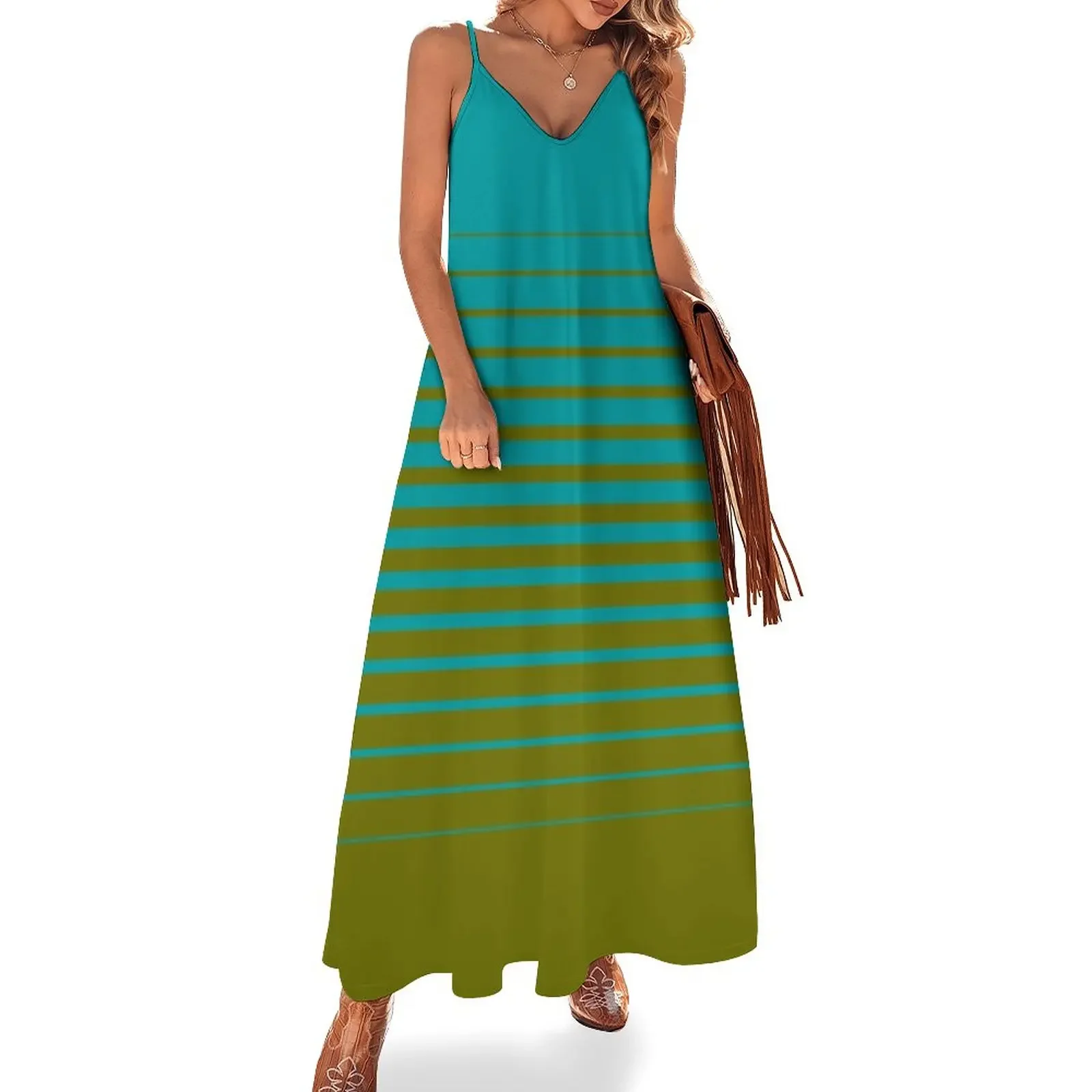 

gradient stripes pattern (mix & match aqua / olive) Sleeveless Dress Dress woman Women's summer long dress prom clothes