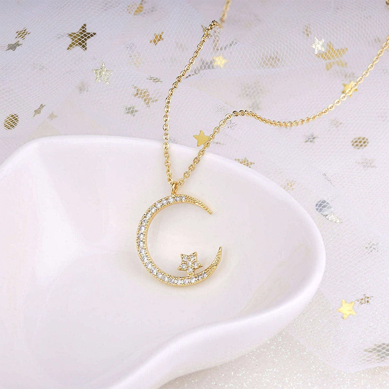 

Moon and Star Moissanite Pendant Necklace for Women Gold Tone Crescent Charm Copper Adjustable Chain