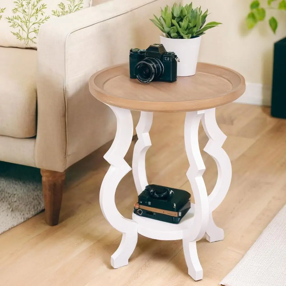 

Round Wooden Accent Table with 2 Tiers, Ideal for Family Rooms and Small Spaces, White & Brown, Concave Legs Style