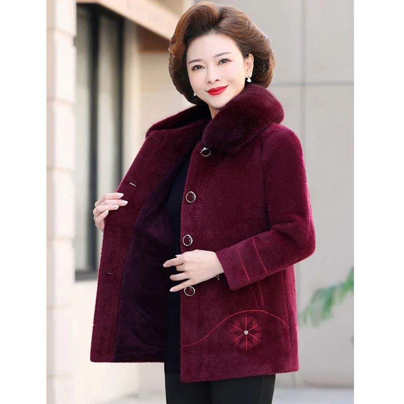 Mother Winter Jacket Coat Fashion High End Imitation Mink Velvet Woolen Coat Middle-aged Women Thick Warm Wool Liner Parkas 5XL