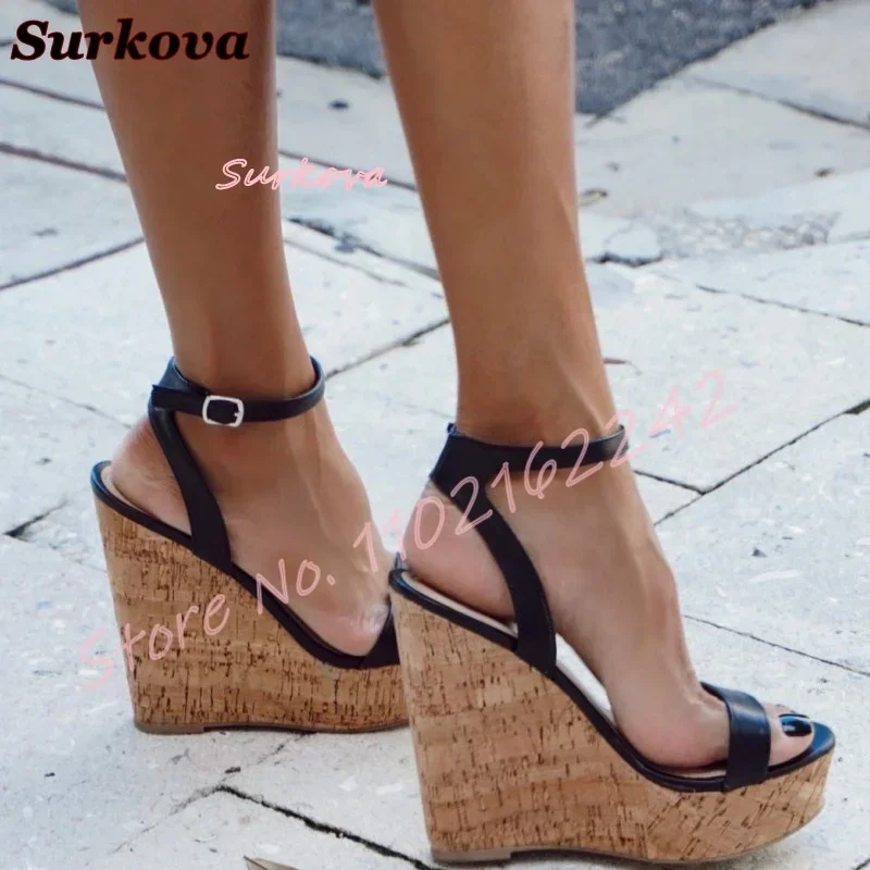 

Wood Grain Open Toe Wedge Heels Round Head Buckle Strap Platform Sandals Elegant Sexy Banquet Summer High Heels Large Size 47