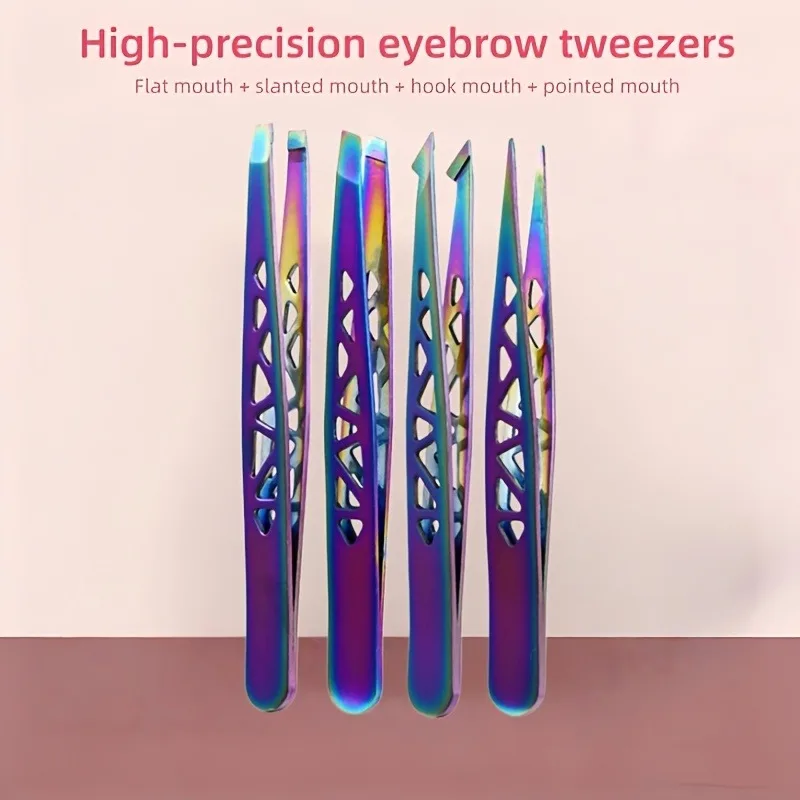 Rainbow Titanium 4pcs Set Boxed High-Precision Stainless Steel Hollow Eiffel Tower Tweezers,Eyebrow Trimming Set