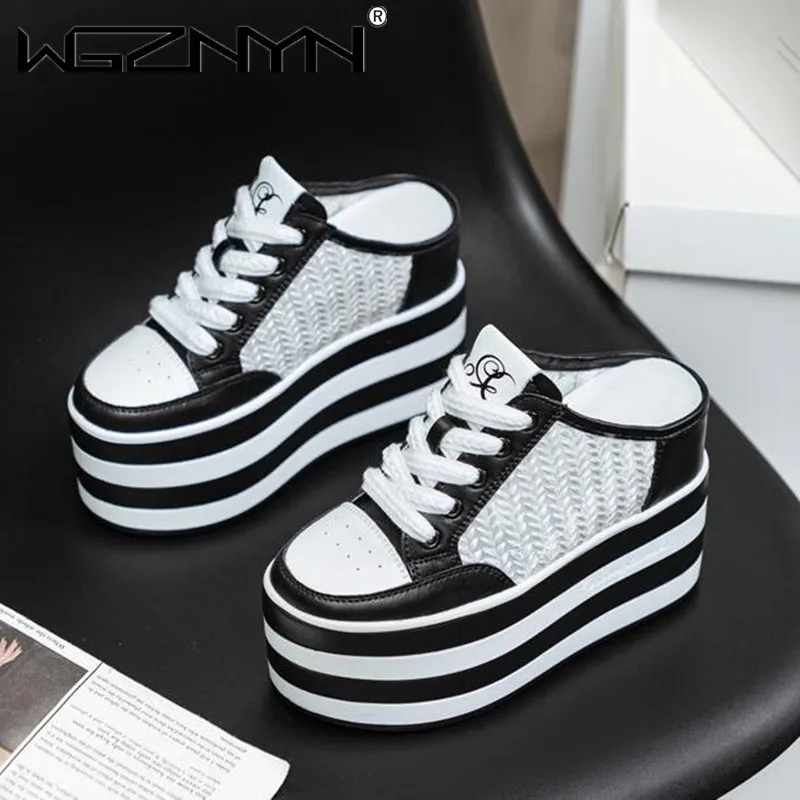 

12cm NEW Slides Shoes Sneakers Slip on Slippers Women Summer Wedge Microfiber Genuine Leather Air Mesh Glitter Platform Sandals