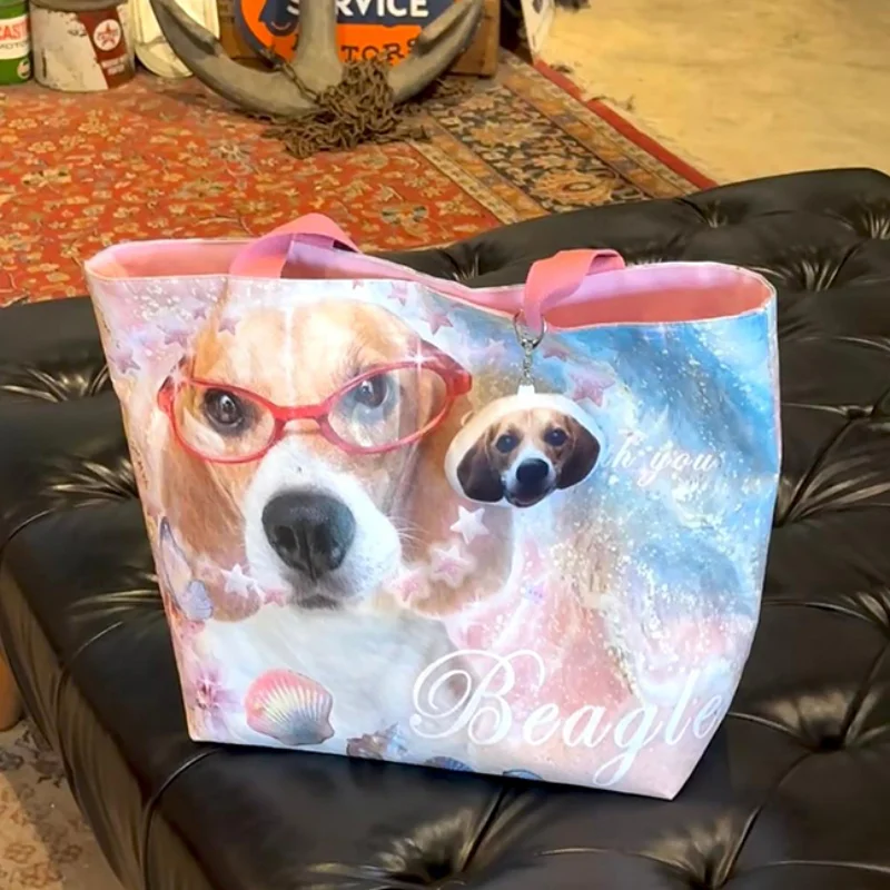 Y2K Cute Puppy Double-sided Printed Shoulder Bag Fashion Niche Large Capacity Tote Bag Lightweight Waterproof Shopping Bag