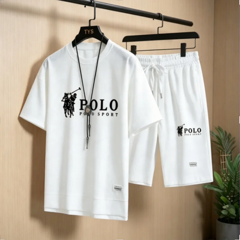 

Men Summer 2 Piece Tracksuit Short Sleeve T-shirt + Drawstring Casual Shorts Crew Neck Loose Daily Sport Outfit Set