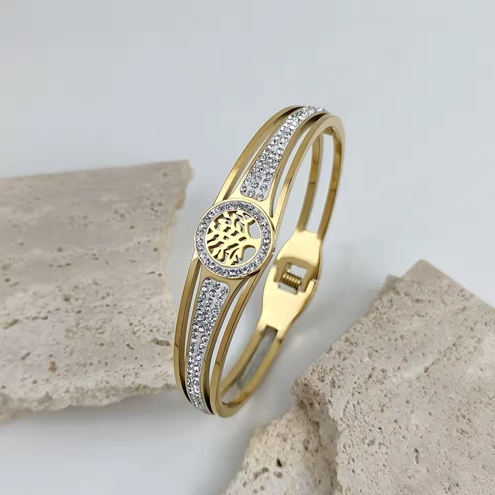 Luxury Stainless Steel Tree of Life Bangle for Women Men Crystal Zircon Bracelet Silver Gold Color Wrist Jewelry Accessories