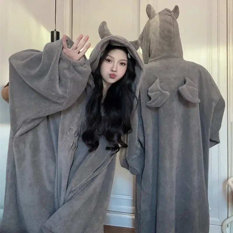 Winter Couple Grey Nightwear Plush Thickened Jumpsuit Hooded Sleepwear Women Long-Sleeve Keep Warm Cute Pajamas Homewear Onesies