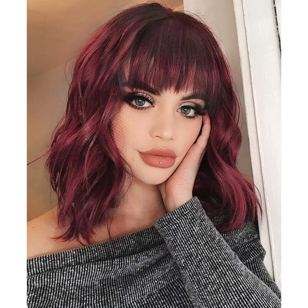 

Curly Bob Wig with Bangs Short Wavy Wine Red Color Burgundy Wigs for Women Purple Bob Style Synthetic Heat Resistant Bob Wigs