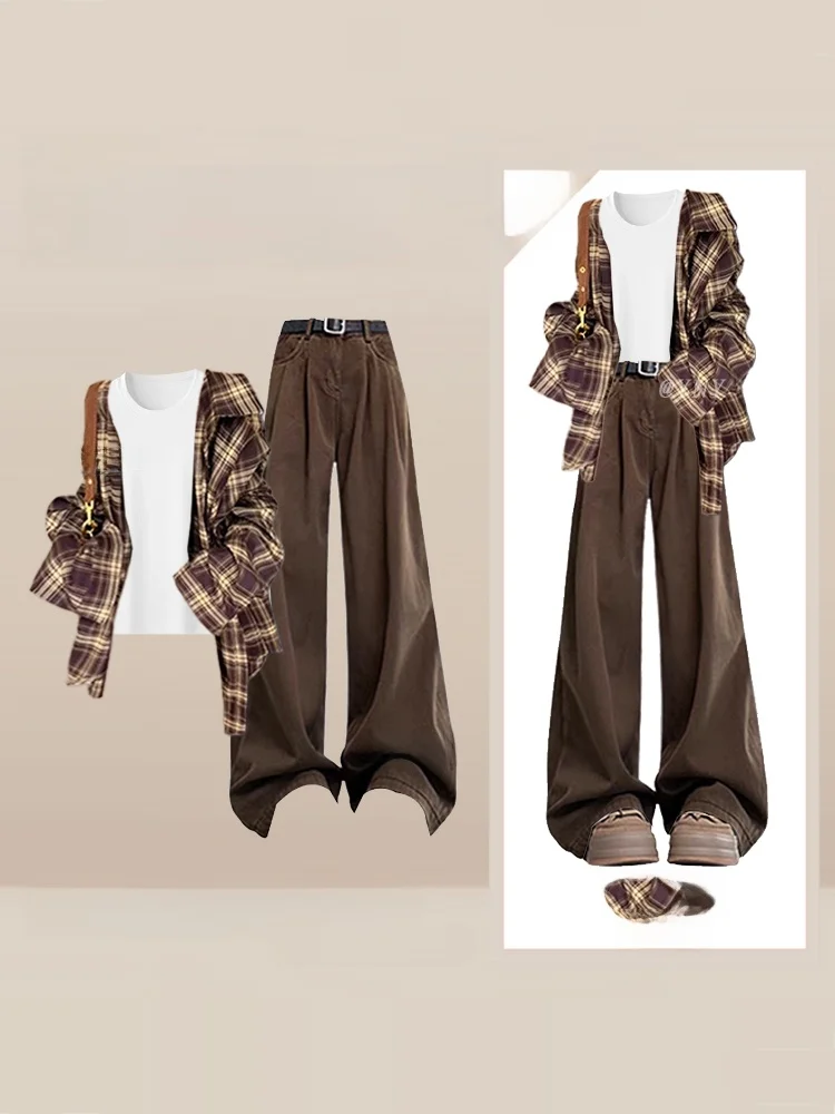 

Ретро клетчатый комплект с широкими брюками, женский зимний модный комплект для американского колледжа, уменьшающий возраст, одежда для похудения