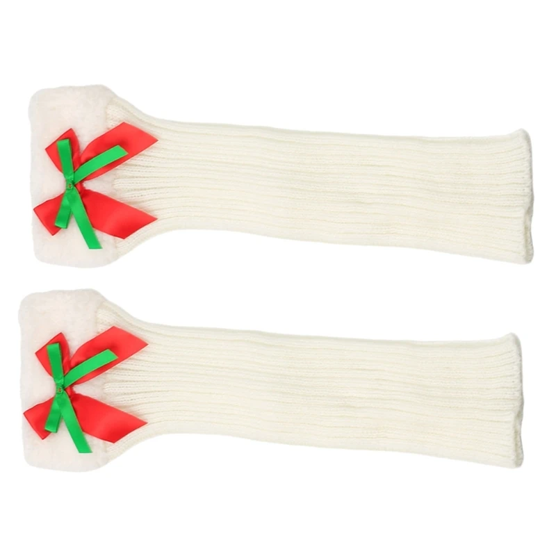 Christmas Themed Warm Leg Warmers Plush Trim Bowknot Knit Boot Cuffs for Women