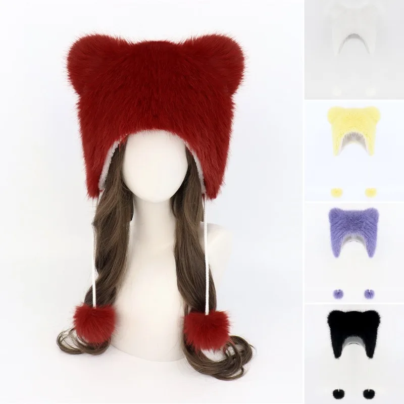 

2025 Autumn and Winter Fur Ball Ear Protection Hat Red Warm and Cute Children's Hats Performance Cosplay Accessory Lolita Hats
