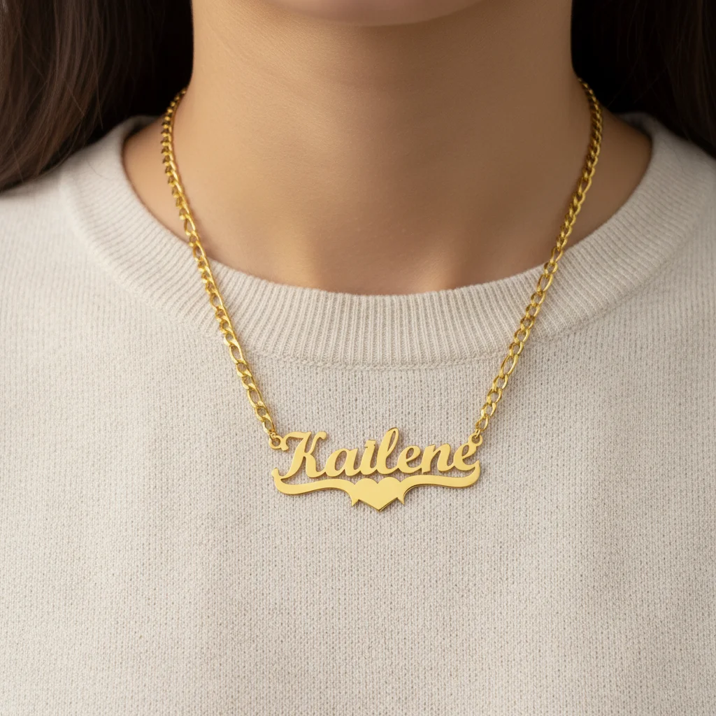 

Stainless Steel Custom Necklace Plated 18K Gold Plated 5mm Figaro Chain Custom Heart Name Necklace for Women Gift Custom Jewelry
